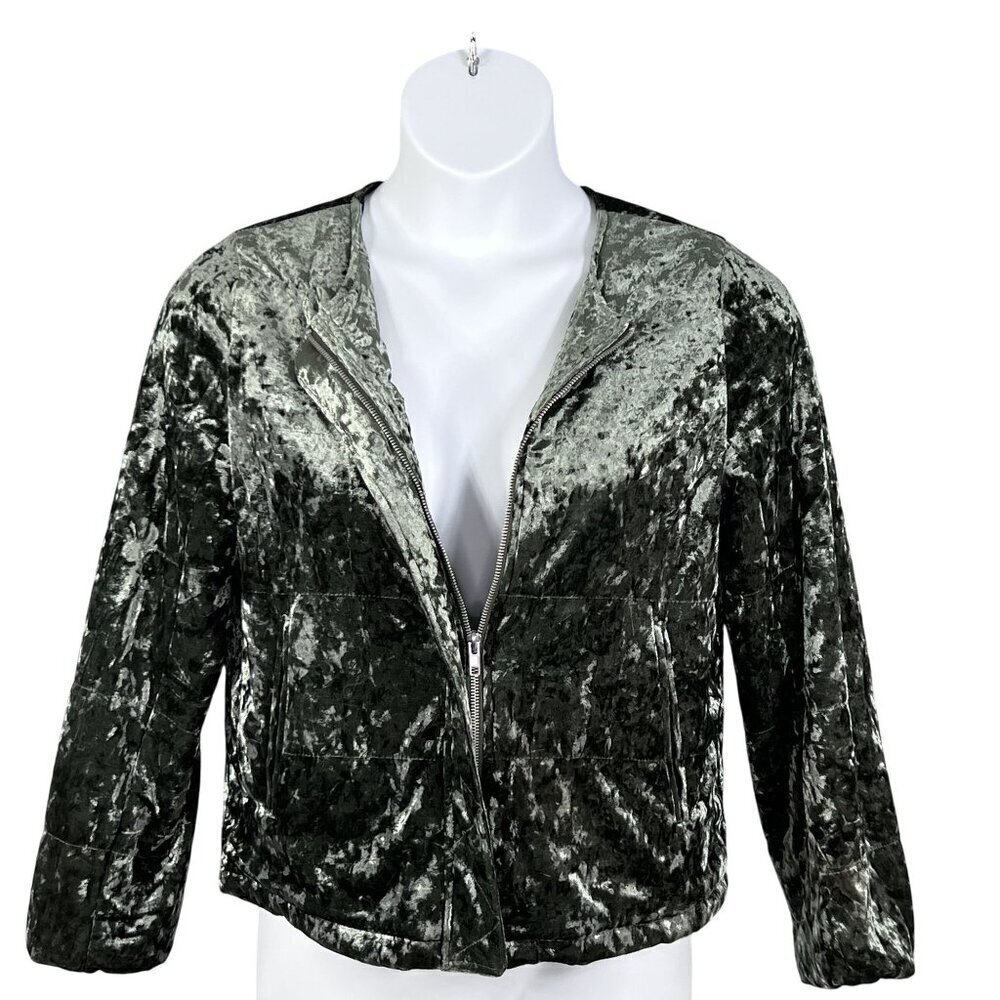 Sanctuary Womens M Crushed Velvet Zip Jacket Olive Green Dark Academia Timeless